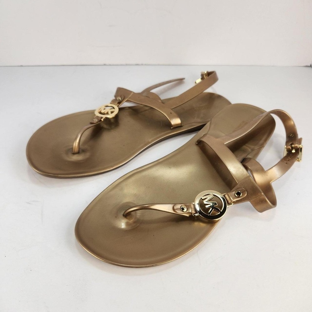 Michael Kors Women's Size 10M Gold Jelly Thong Sandals MK Logo Ankle Strap